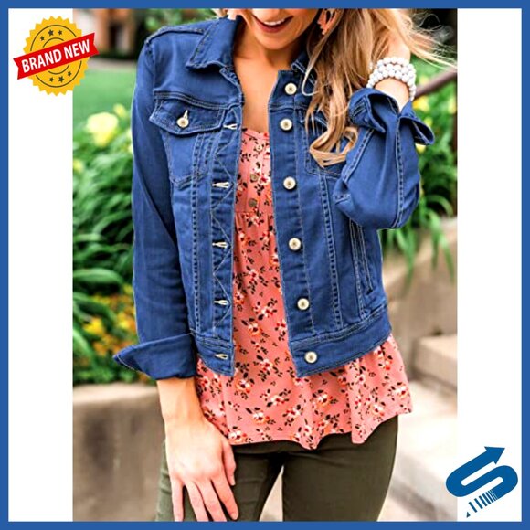 Stretch Denim Jacket Long Sleeve Button Down Fitted Women's Outerwear - Picture 6 of 7